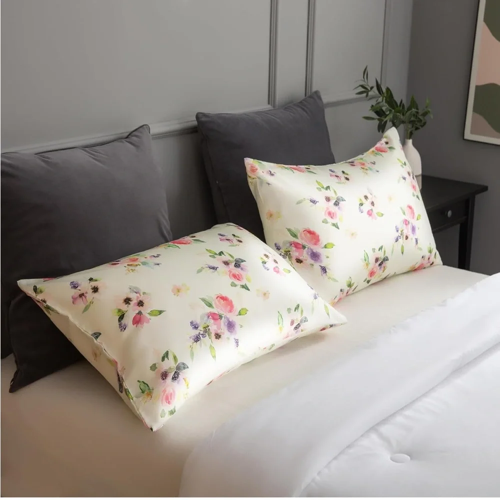 TWO 100% Lyocell NEW 'TELUS' Pillowcases Beige Floral Standard Size Covers